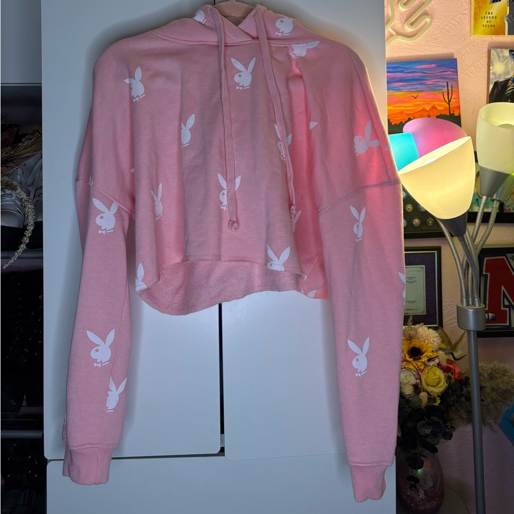 Playboy x missguided pink cropped hoodie size large